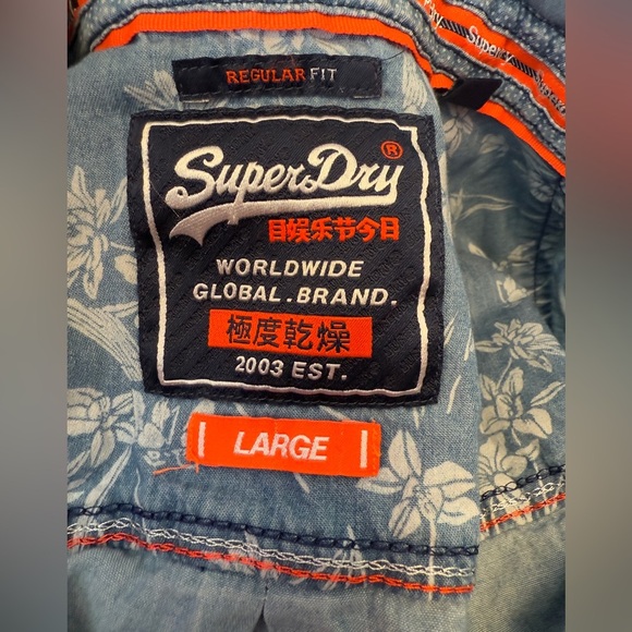 Superdry mens denim Chambray button up shirt L Regular Fit blue short sleeve - Picture 4 of 7